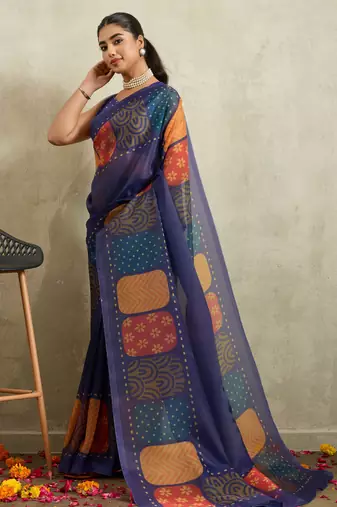 Navy geometric print chiffon ethnic causal wear saree with blouse