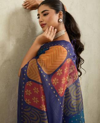 Navy geometric print chiffon ethnic causal wear saree with blouse 4