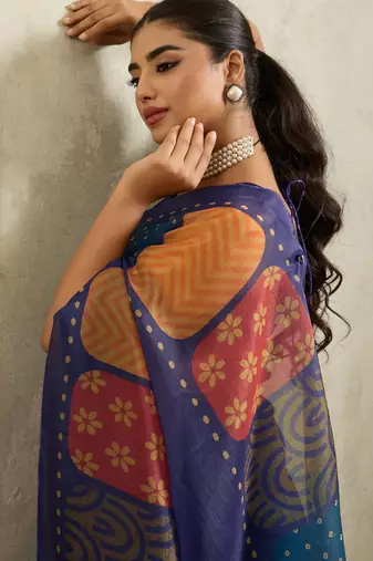Navy geometric print chiffon ethnic causal wear saree with blouse
