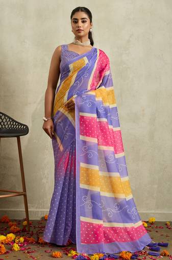 Purple bandhani  printed cotton blend ethnic causal wear saree with blouse