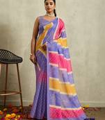 Purple bandhani  printed cotton blend ethnic causal wear saree with blouse