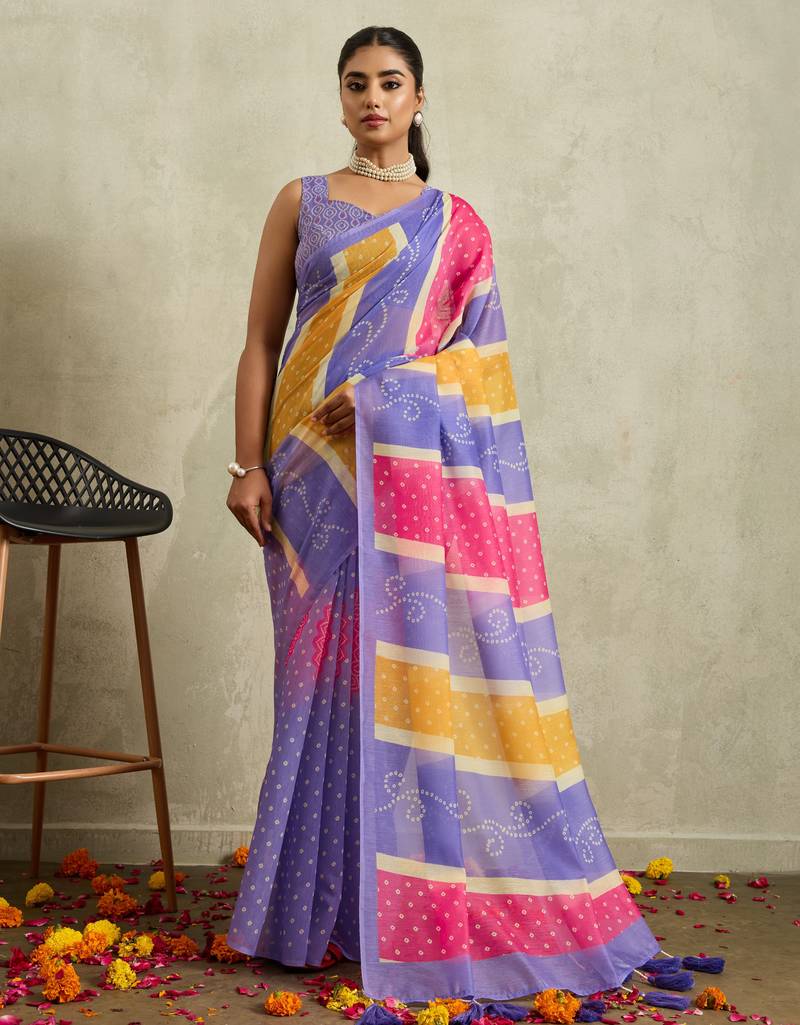 Purple bandhani  printed cotton blend ethnic causal wear saree with blouse