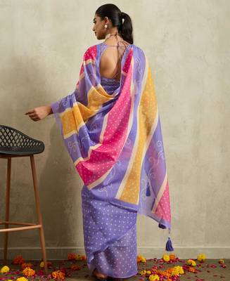 Purple bandhani  printed cotton blend ethnic causal wear saree with blouse 2