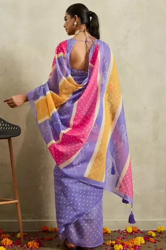 Purple bandhani  printed cotton blend ethnic causal wear saree with blouse