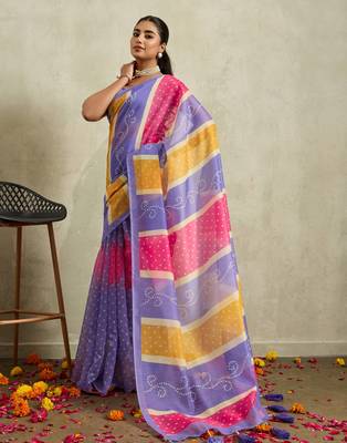 Purple bandhani  printed cotton blend ethnic causal wear saree with blouse 3