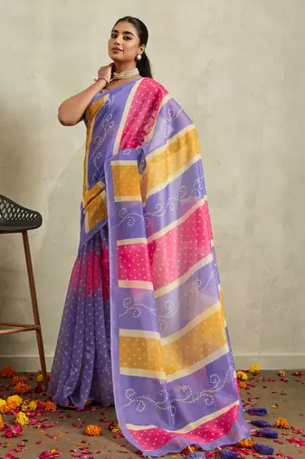 Purple bandhani  printed cotton blend ethnic causal wear saree with blouse