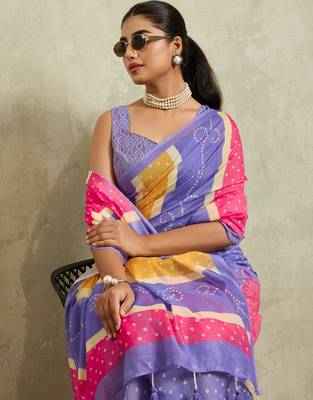 Purple bandhani  printed cotton blend ethnic causal wear saree with blouse 4