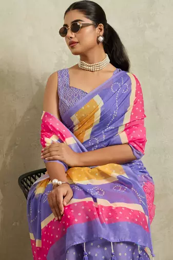 Purple bandhani  printed cotton blend ethnic causal wear saree with blouse