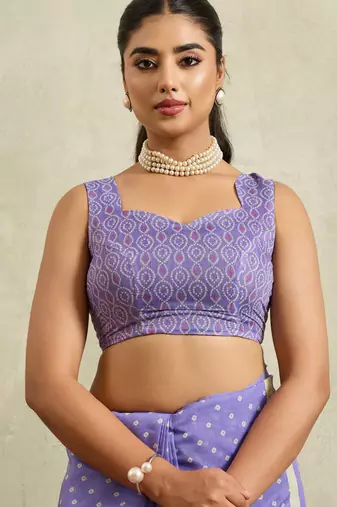 Purple bandhani  printed cotton blend ethnic causal wear saree with blouse
