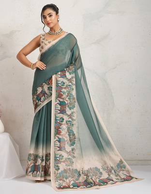 Green kalamkari print chiffon ethnic causal waer saree with blouse 1