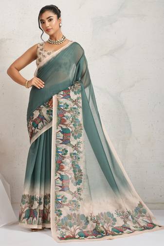 Green kalamkari print chiffon ethnic causal waer saree with blouse