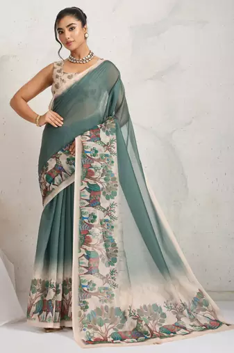 Green kalamkari print chiffon ethnic causal waer saree with blouse