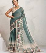 Green kalamkari print chiffon ethnic causal waer saree with blouse
