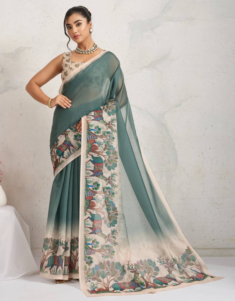 Green kalamkari print chiffon ethnic causal waer saree with blouse