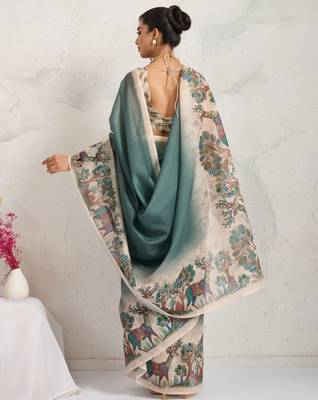 Green kalamkari print chiffon ethnic causal waer saree with blouse 2