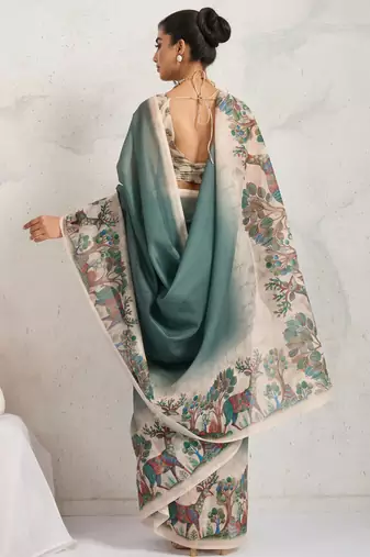 Green kalamkari print chiffon ethnic causal waer saree with blouse