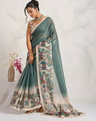 Green kalamkari print chiffon ethnic causal waer saree with blouse 3