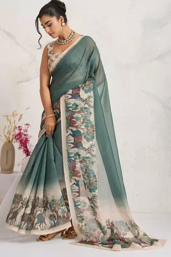 Green kalamkari print chiffon ethnic causal waer saree with blouse