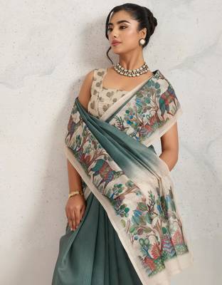 Green kalamkari print chiffon ethnic causal waer saree with blouse 4