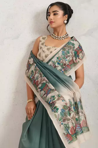 Green kalamkari print chiffon ethnic causal waer saree with blouse