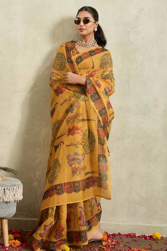Mustard kalamkari print chiffon ethnic causal waer saree with blouse