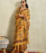 Mustard kalamkari print chiffon ethnic causal waer saree with blouse