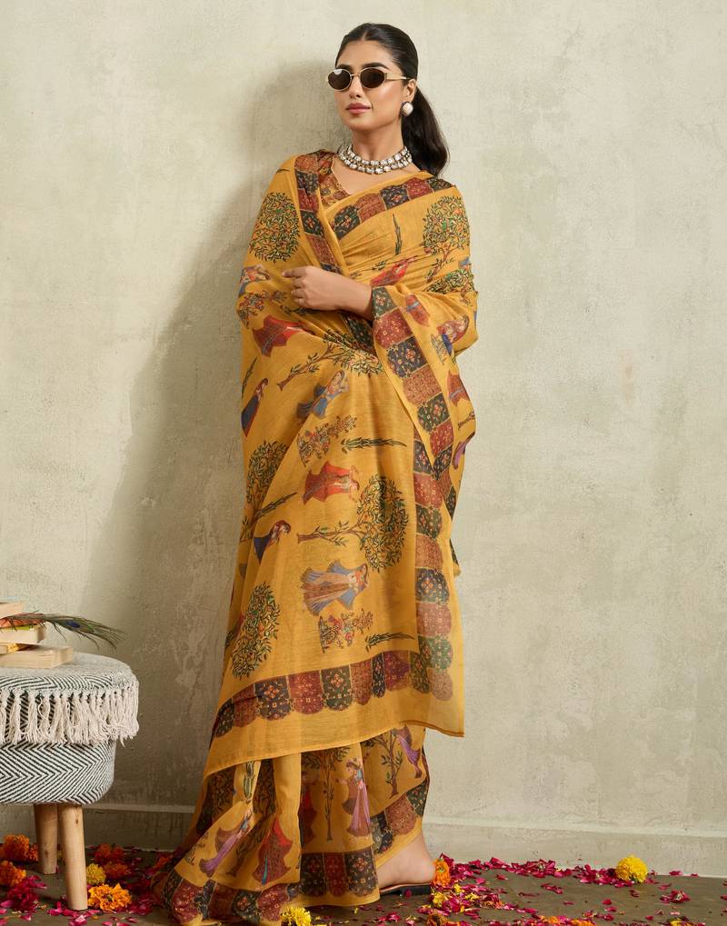 Mustard kalamkari print chiffon ethnic causal waer saree with blouse