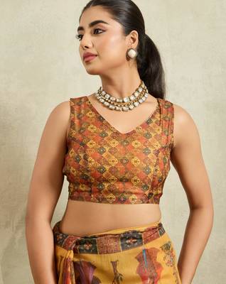Mustard kalamkari print chiffon ethnic causal waer saree with blouse 2