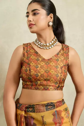 Mustard kalamkari print chiffon ethnic causal waer saree with blouse