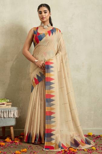 Cream ikat cotton silk ethnic causal wear saree with blouse