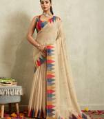 Cream ikat cotton silk ethnic causal wear saree with blouse