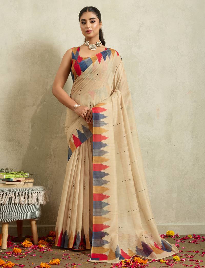 Cream ikat cotton silk ethnic causal wear saree with blouse
