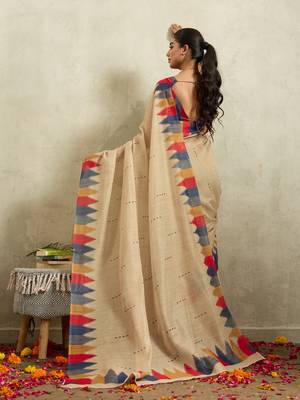 Cream ikat cotton silk ethnic causal wear saree with blouse 2