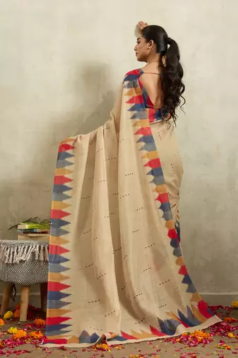 Cream ikat cotton silk ethnic causal wear saree with blouse