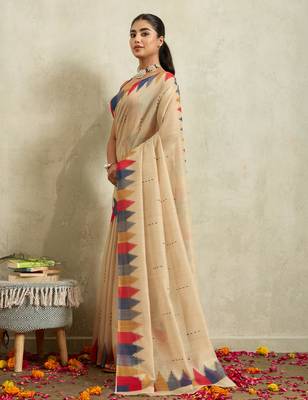 Cream ikat cotton silk ethnic causal wear saree with blouse 3