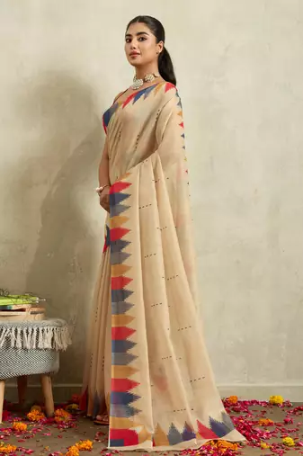 Cream ikat cotton silk ethnic causal wear saree with blouse