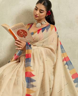 Cream ikat cotton silk ethnic causal wear saree with blouse 4
