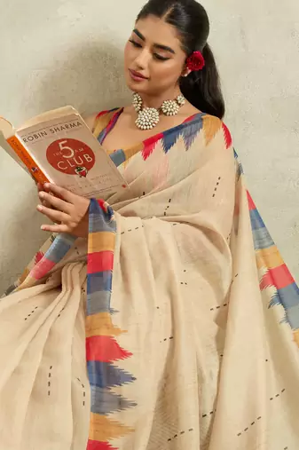 Cream ikat cotton silk ethnic causal wear saree with blouse