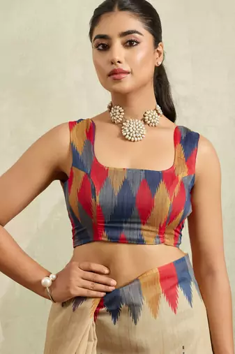 Cream ikat cotton silk ethnic causal wear saree with blouse
