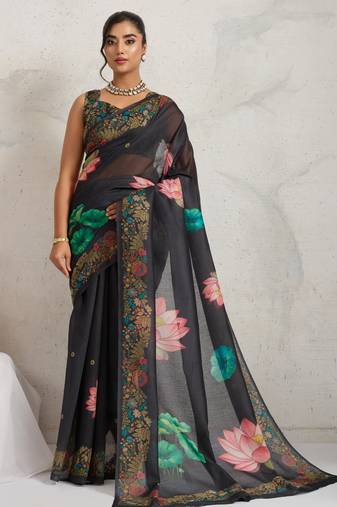 Black floral print silk ethnic causal wear saree with blouse