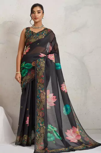 Black floral print silk ethnic causal wear saree with blouse