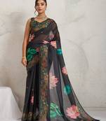 Black floral print silk ethnic causal wear saree with blouse