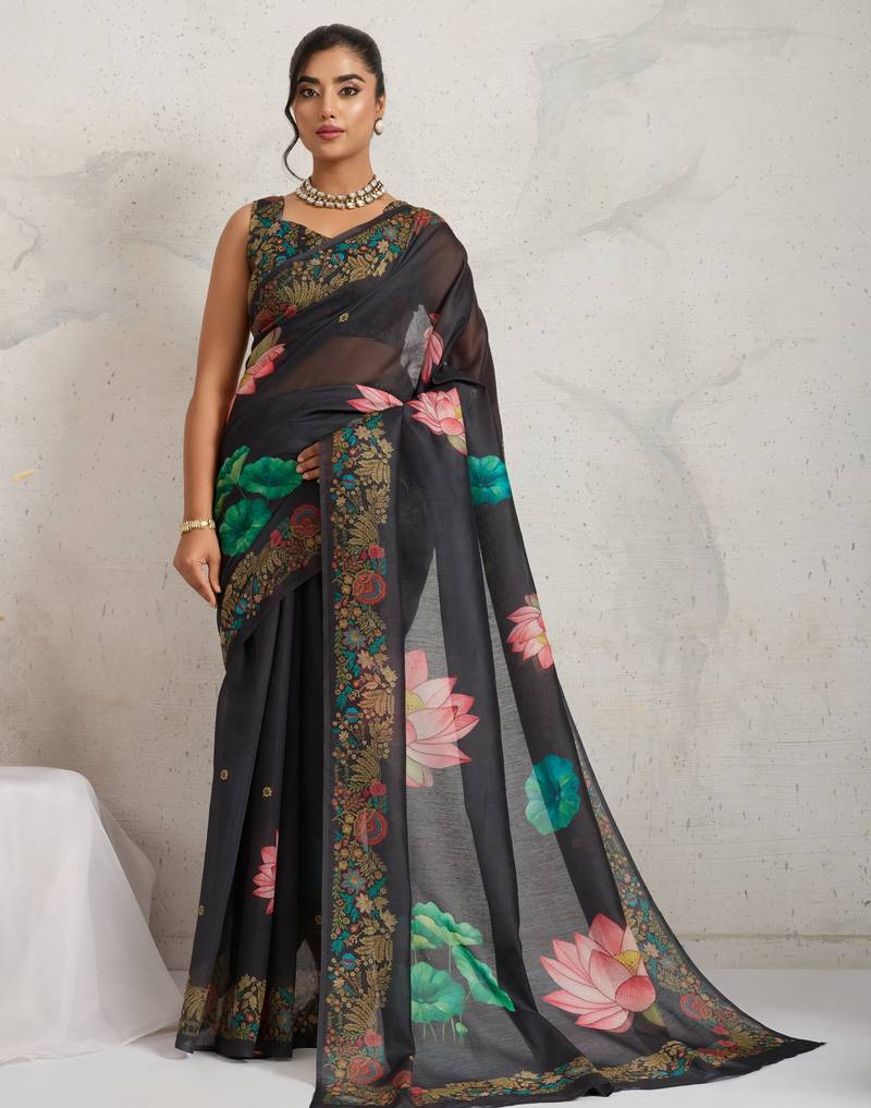 Black floral print silk ethnic causal wear saree with blouse