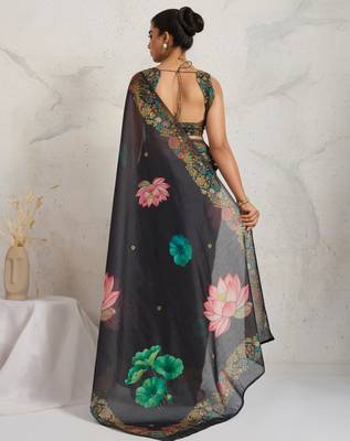 Black floral print silk ethnic causal wear saree with blouse 2