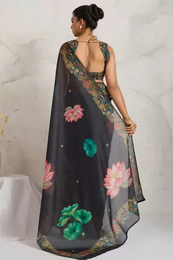 Black floral print silk ethnic causal wear saree with blouse