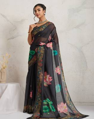 Black floral print silk ethnic causal wear saree with blouse 3