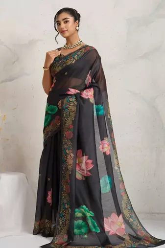 Black floral print silk ethnic causal wear saree with blouse