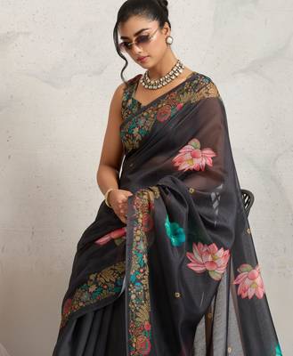 Black floral print silk ethnic causal wear saree with blouse 4