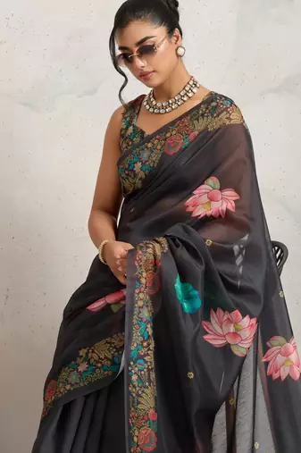 Black floral print silk ethnic causal wear saree with blouse