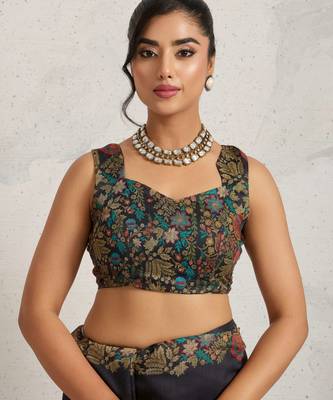 Black floral print silk ethnic causal wear saree with blouse 5